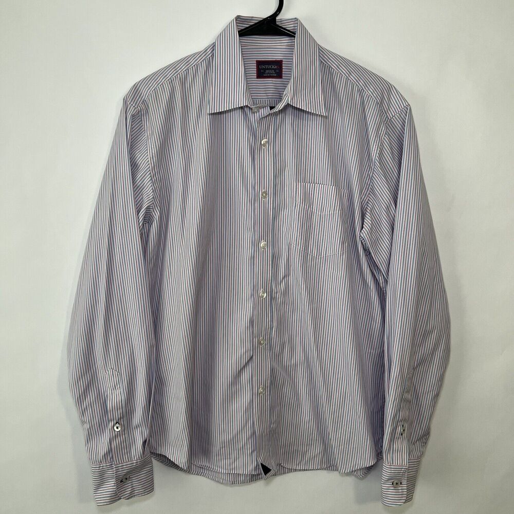 UNTUCKit Button Up Shirt Mens Size M Medium White Blue Pink Striped Long Sleeve